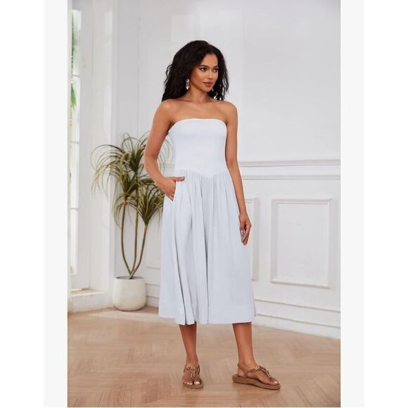 NEW White Cream Strapless Drop-Waist Swing Dress S - Picture 2 of 6